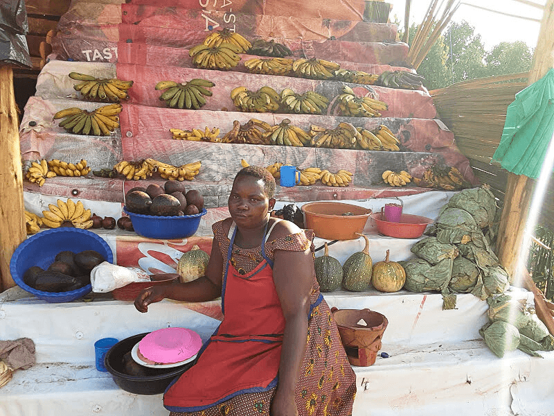 A market vendor at her produce stall, matooke and avocados stacked for sale.